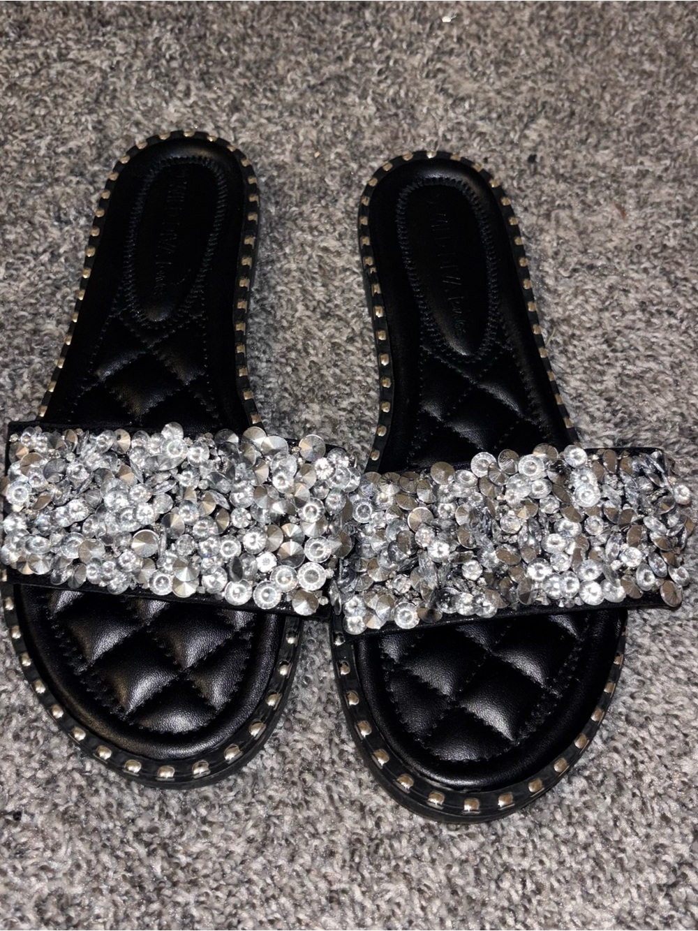 Wild Diva Black Slide Sandals with Silver Crystal Embellishments